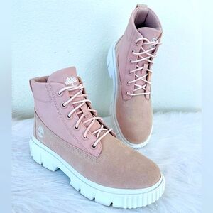 Timberland Greyfield Suede & Canvas Mid Lace-Up Boots in Light Pink Size 8.5